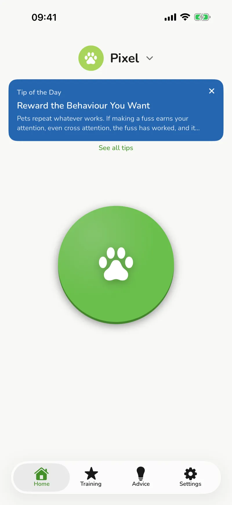 The home screen: the clicker button, the pet being trained, and the tip of the day