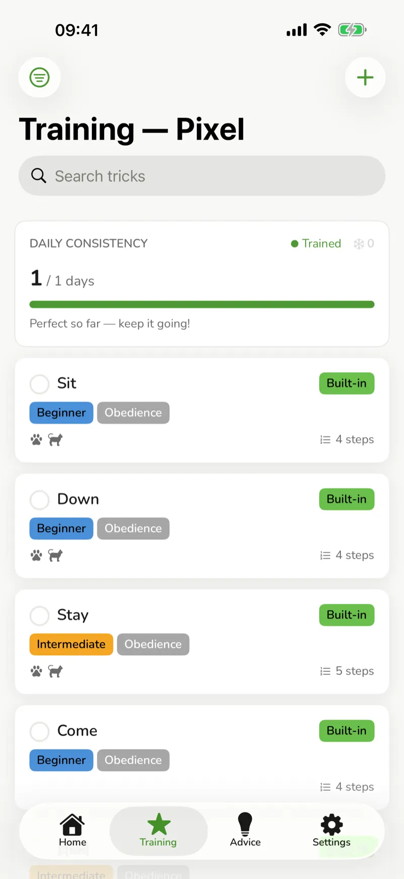 The training list, showing tricks and the daily consistency bar