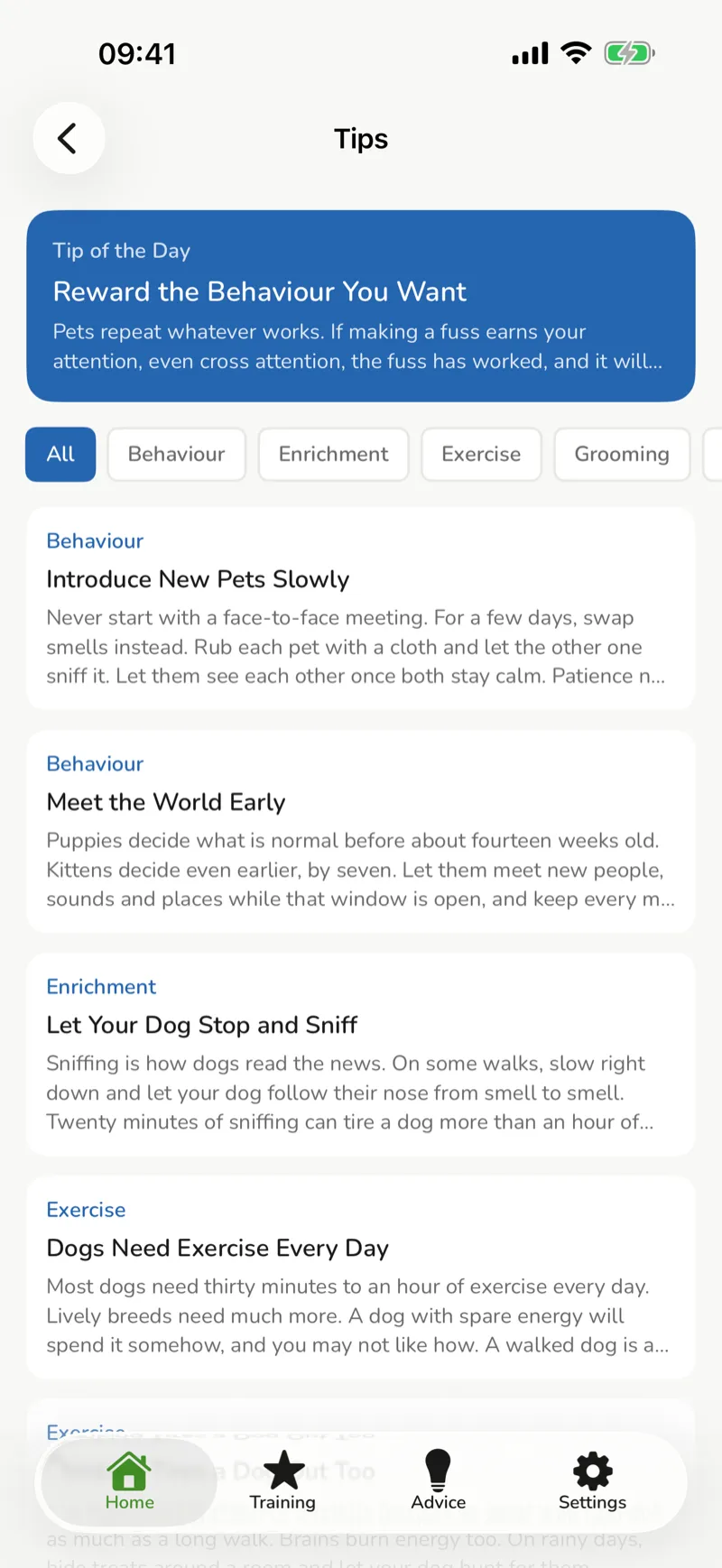 The tips list, grouped by subject