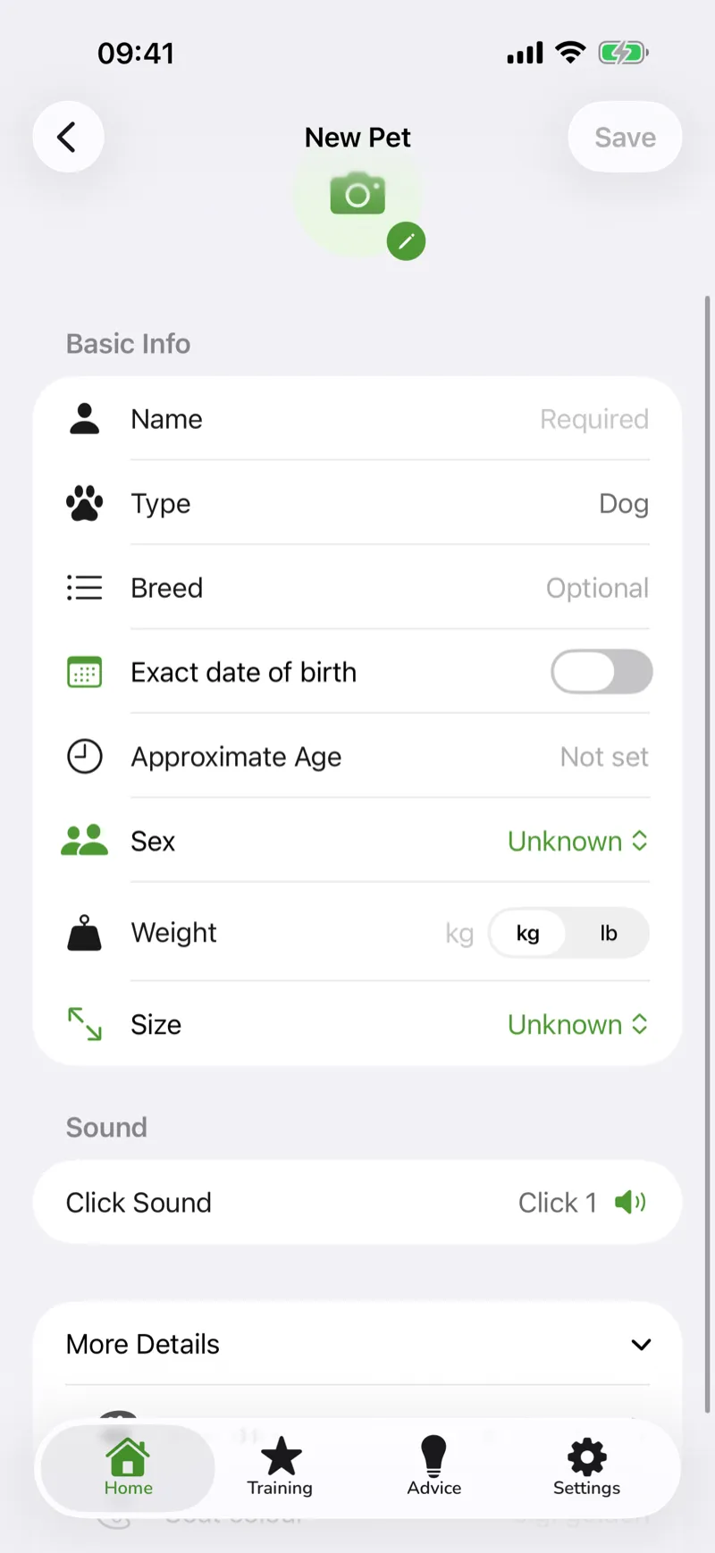 A pet profile with its details expanded